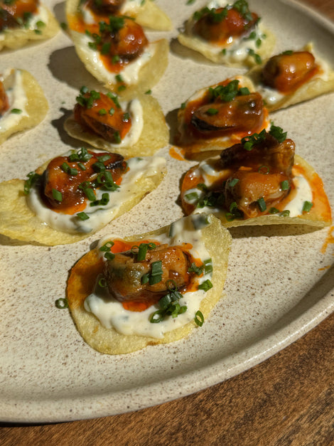 Potato Chips with Chive Aioli and Mussels with Sweet Pepper